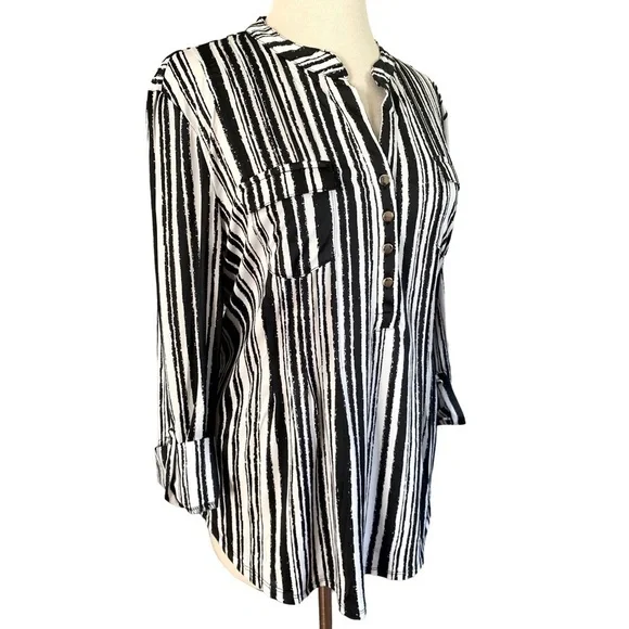 COCOMO XL White Black 3/4 sleeve women’s Pintuck Blouse tunic top shirt - Picture 4 of 12